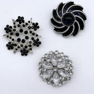Vintage Brooch Lot 3 Avon Rhinestone Floral Black Silver Navy Tone Pins